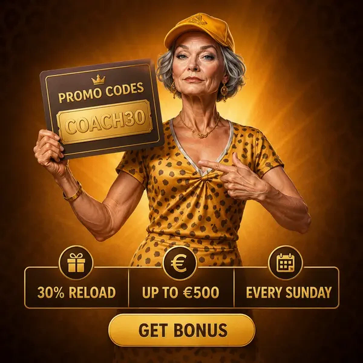 Le Coach tenant une carte de code promo chez Spingranny avec détails bonus dorés