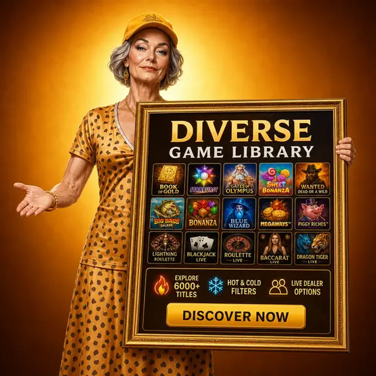 Femme confiante présentant une bibliothèque de jeux diversifiée chez Spingranny Casino, plus de 6'000 titres vous attendent