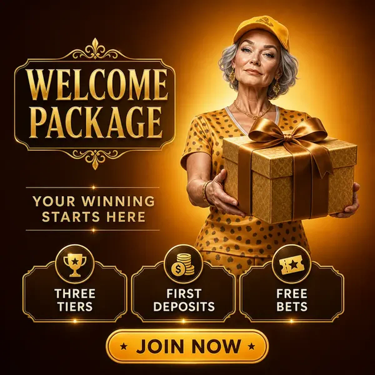 Confident woman presenting Spingranny Sportsbook welcome package with triumphant smile