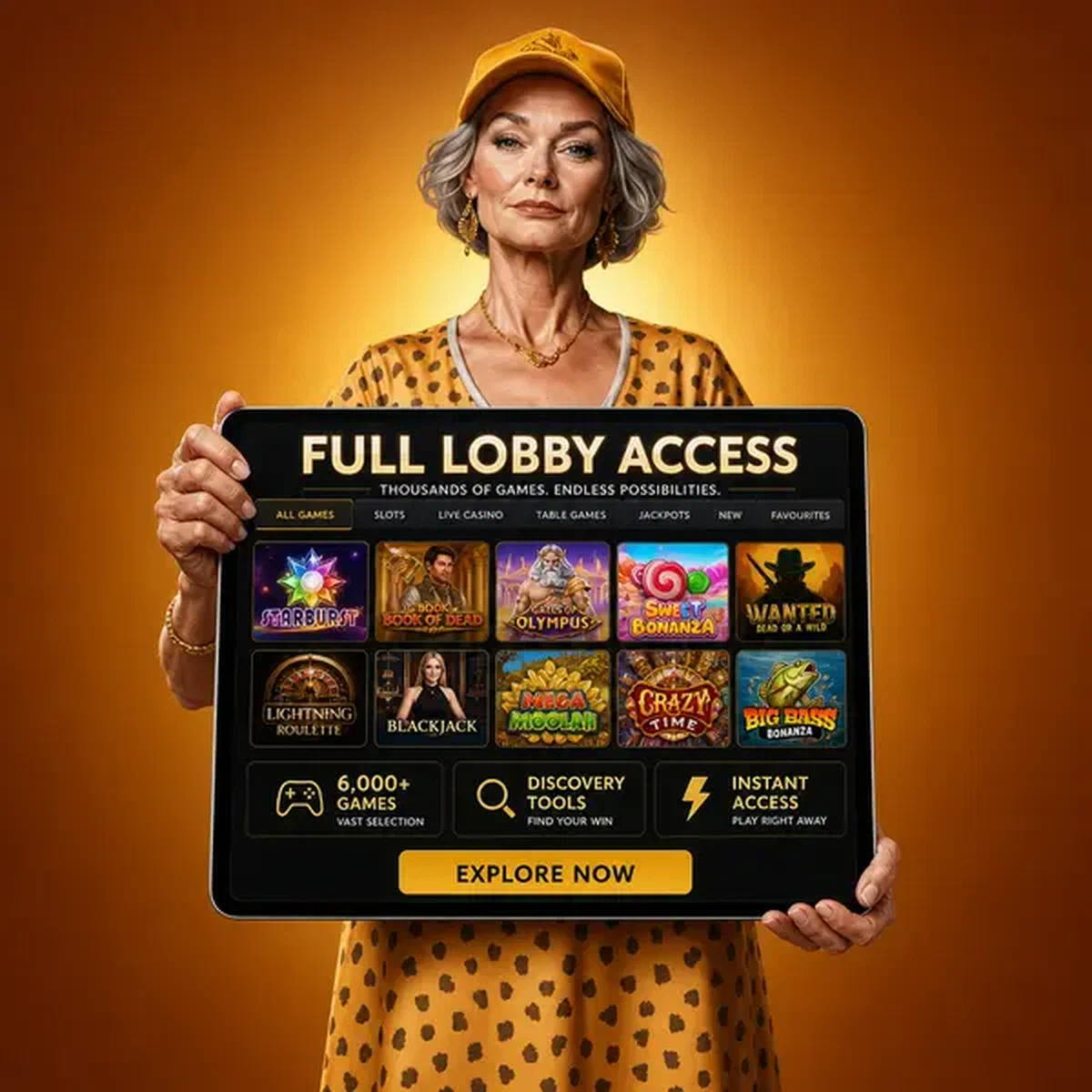 Femme confiante présente l'accès complet au lobby avec 6'000+ jeux alors que le joueur se connecte au portail de découverte