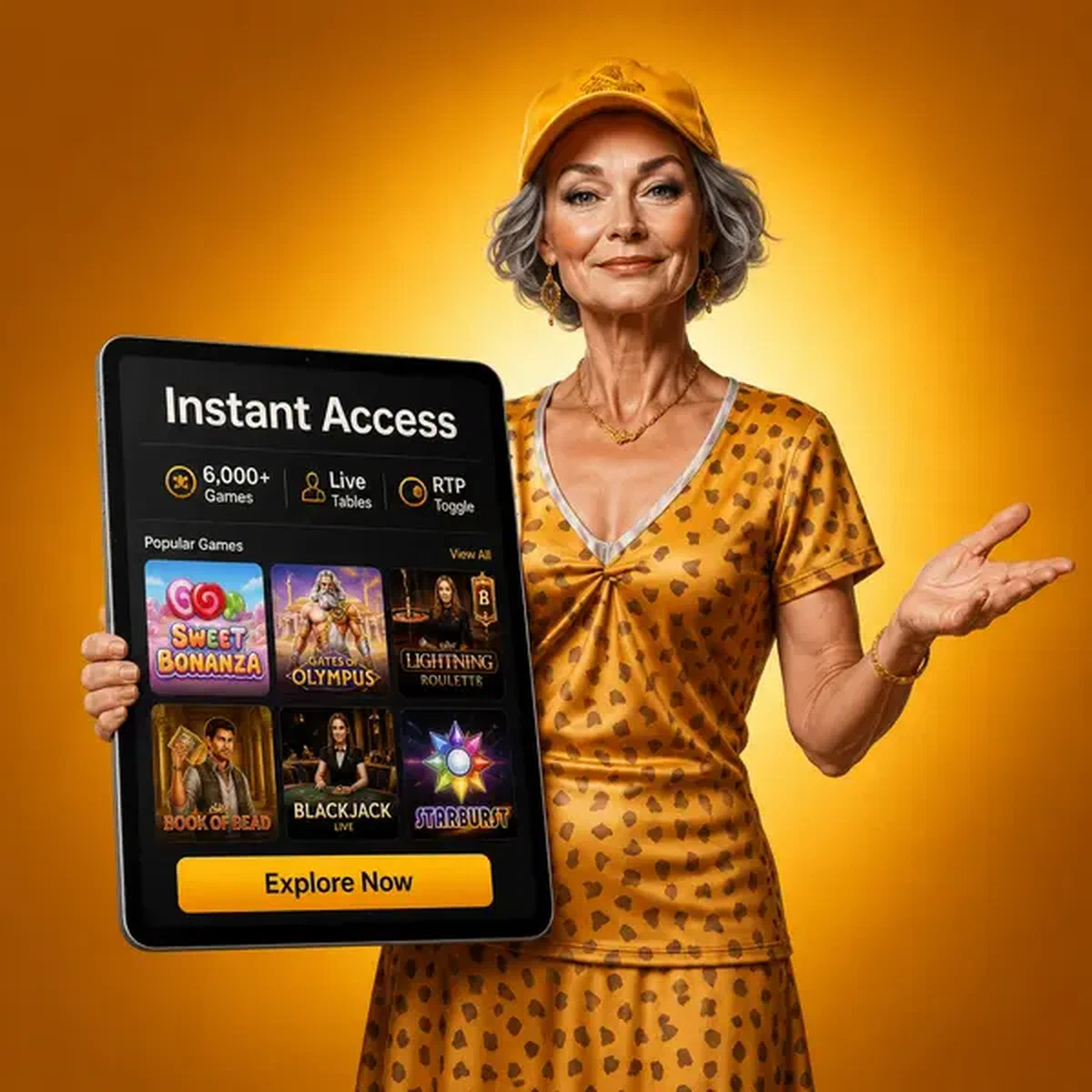 Coach en robe léopard présentant une tablette avec 6'000+ jeux tandis que les joueurs s'inscrivent à Instant Access