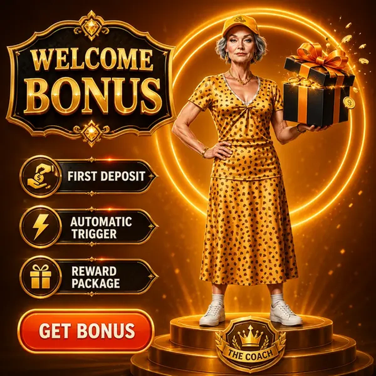 Coach triomphant présentant le cadeau bonus de bienvenue à la caisse de l'application Casino Spingranny