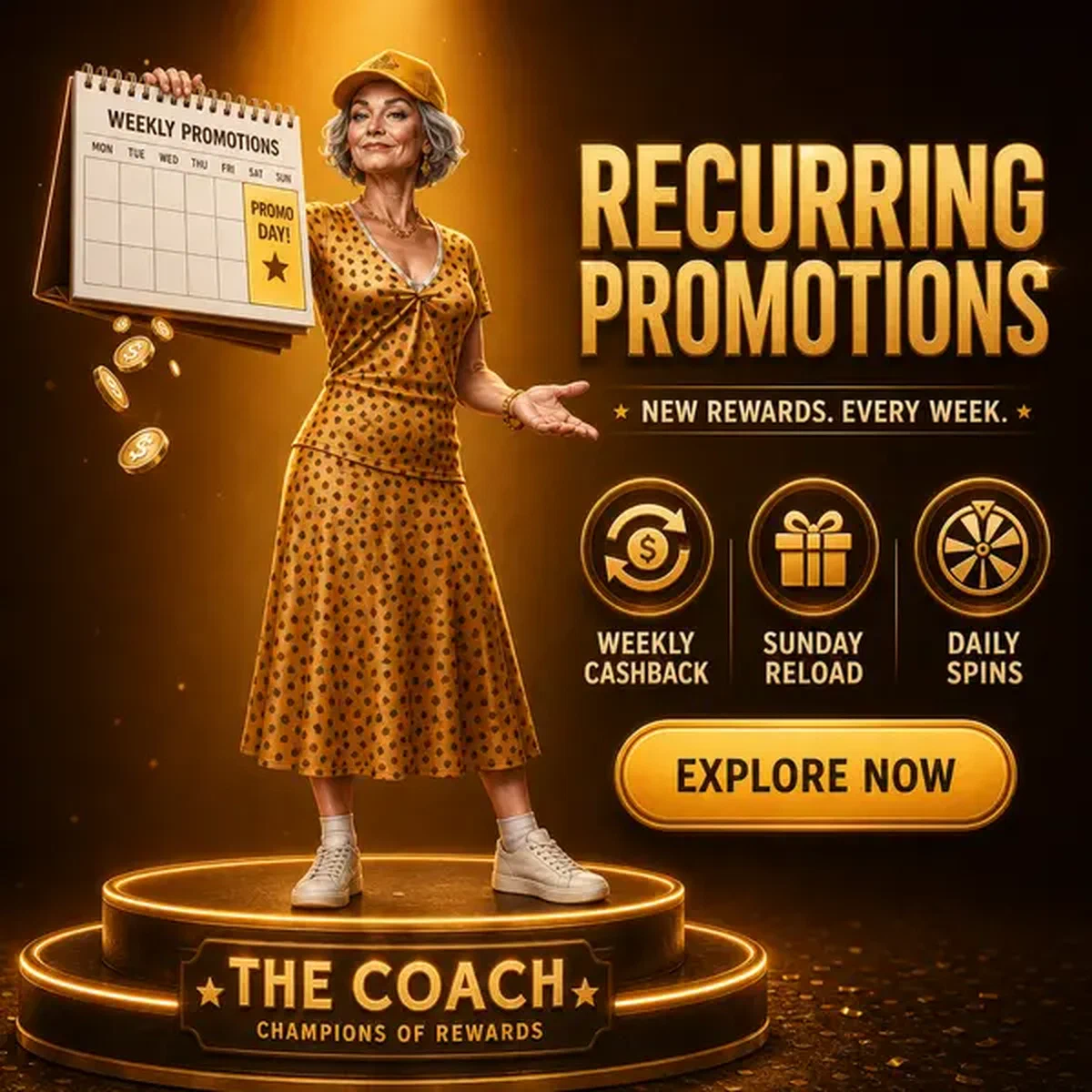 Coach présentant le calendrier des promotions récurrentes chez Spingranny avec récompenses hebdomadaires mises en évidence