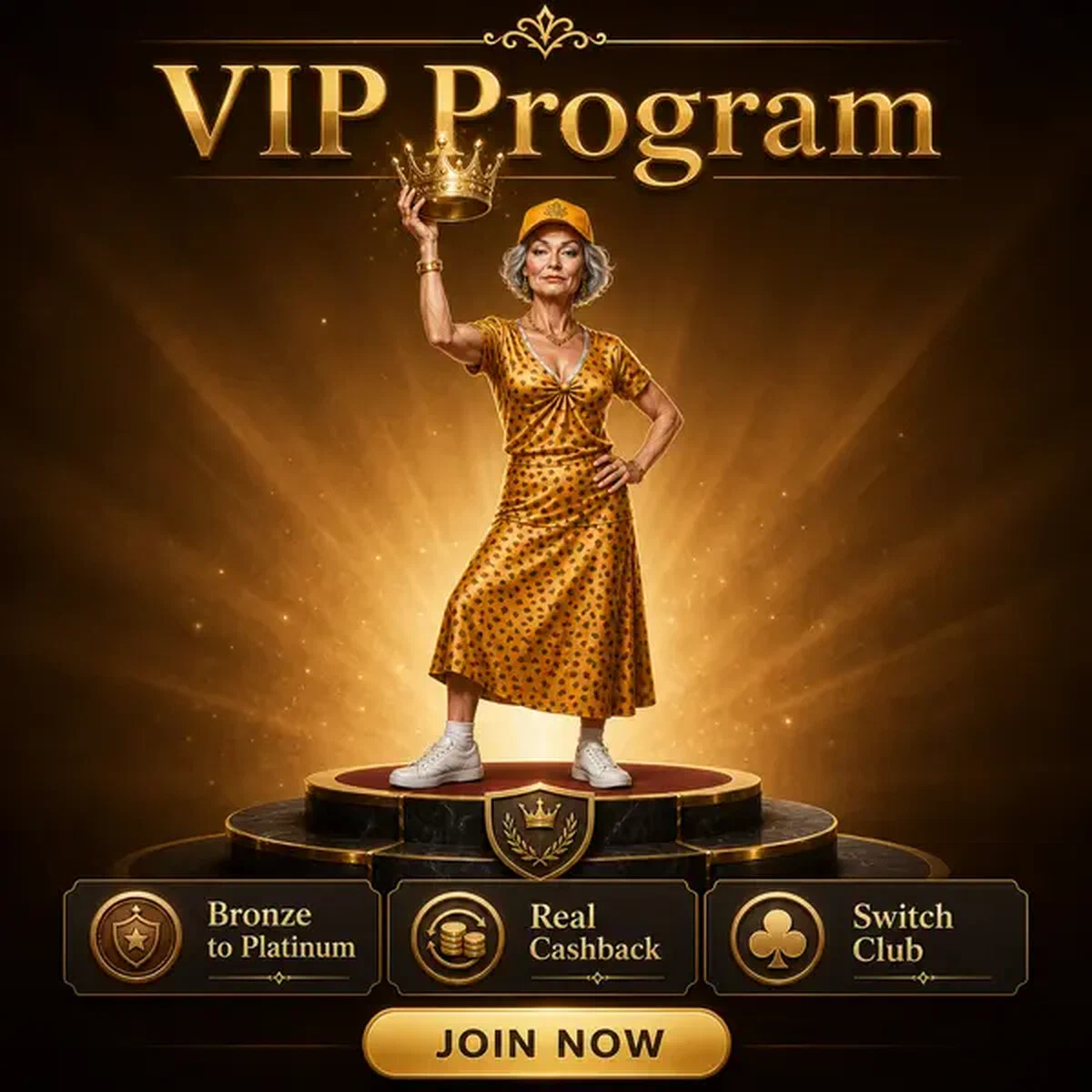 Femme tenant une couronne dorée au podium VIP Spingranny célébrant les récompenses du programme de fidélité
